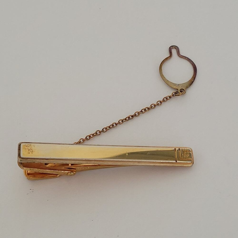 Guy Laroche Gold Tone Sterling Silver Tie Clip Bar Clasp 2 Inch Chain Vintage